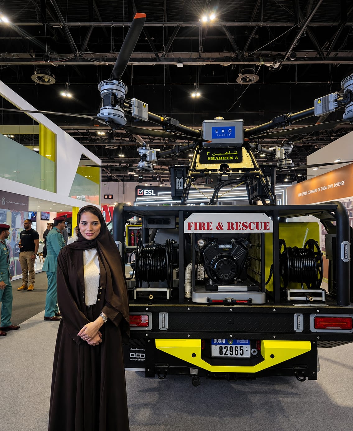EXO Drones Shaheen 3 drone mounted on a Dubai Civil Defence Fire & Rescue vehicle
