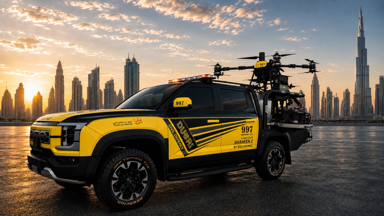 Dubai Civil Defence Shaheen 2 drone response truck in front of the Dubai skyline